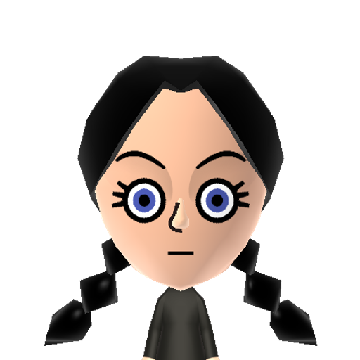 Wednesday Mii character: The quiet and often sadistic daughter in the "Addams Family" series.