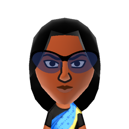 Symmetra Mii character: From the first-person shooter game "Overwatch". She literally bends reality, manipulating hard-light constructs to craft the world as she wishes it to be. Though she dislikes killing, she believes her actions could help engineer a perfect society.
