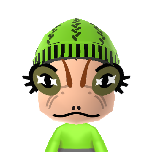 Frog/Cyrus Mii character: The frog knight from the game "Chrono Trigger".