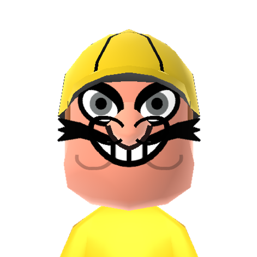 Wario Mii character: This is a Mii uploaded for the 3DS version and distributed by Mii Central for both the 3DS and Switch versions of Miitopia.