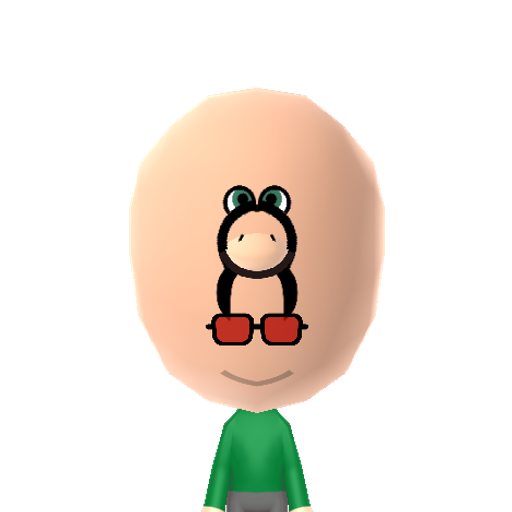 Yoshi Mii character: This is a Yoshi mii that I imported from the Check mii out Channel ran by WiiLink24 and I got this Mii from the website from the search bar. 

Mii Entry Code: 7212-4959-2069

https://miicontest.wiilink.ca/artisans/100118721