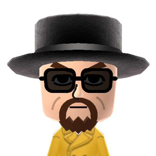 Heisenberg Mii character: (Source: https://www.reddit.com/r/tomodachilife/comments/10owlh1/)