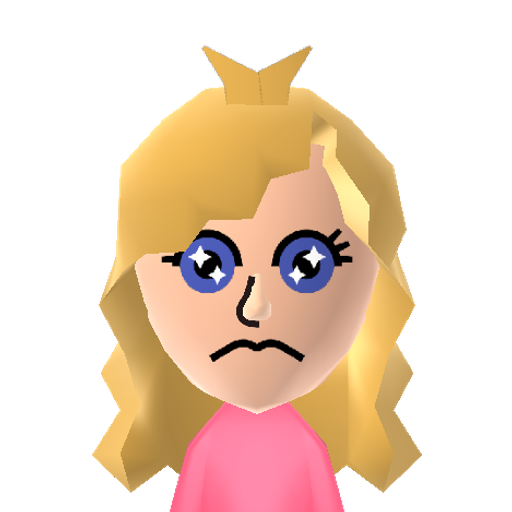 Princess  Mii character: Princess from Mario games. This Mii's facial expression is very scared because she has just been captured by the menacing Bowser from "New Super Mario Bros".