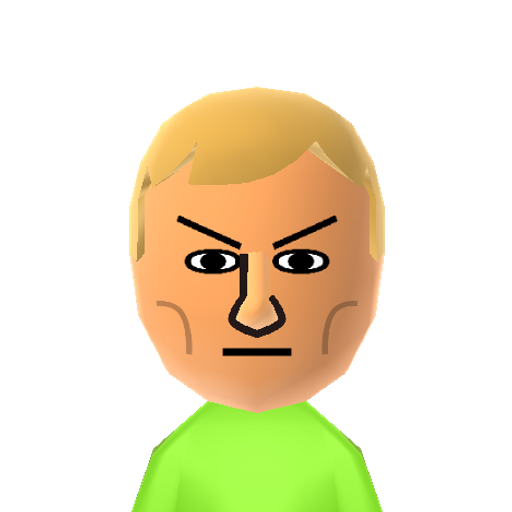 Doomguy Mii character: How Doom Guy appears without the helmet, based on how he appears at the bottom of the screen in the id Software title "Doom".