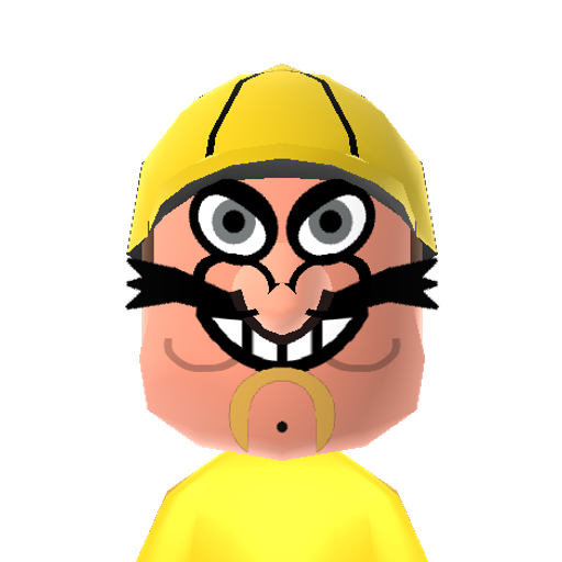 Wario Mii character: This is a Mii uploaded for the 3DS version and distributed by Mii Central for both the 3DS and Switch versions of Miitopia.