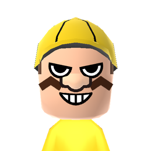 Wario Mii character: This is a Mii uploaded for the 3DS version and distributed by Mii Central for both the 3DS and Switch versions of Miitopia.
