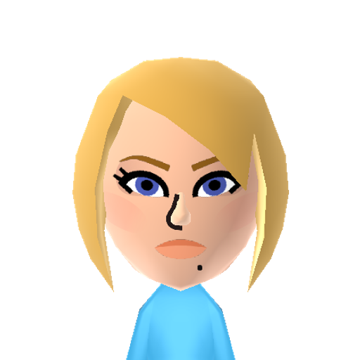 0SuitSamus Mii character: Intergalactic bounty hunter, Samus Aran from "Metroid" fame without her Power Suit.