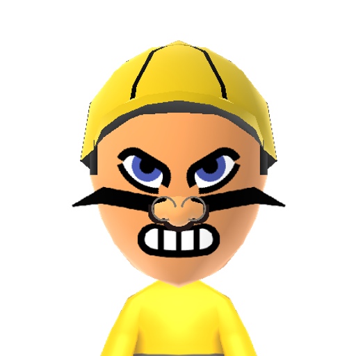Wario Mii character: This is a Mii uploaded for the 3DS version and distributed by Mii Central for both the 3DS and Switch versions of Miitopia.