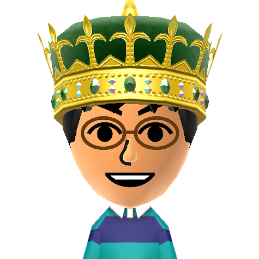 Michael 7 Mii character: King Michael Isidro-Hernandez 7 with a green crown. Also, Chat room.