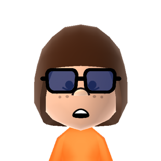 Velma Mii character: The brainy crime solver from the Scooby-Doo cartoons who often loses her glasses.