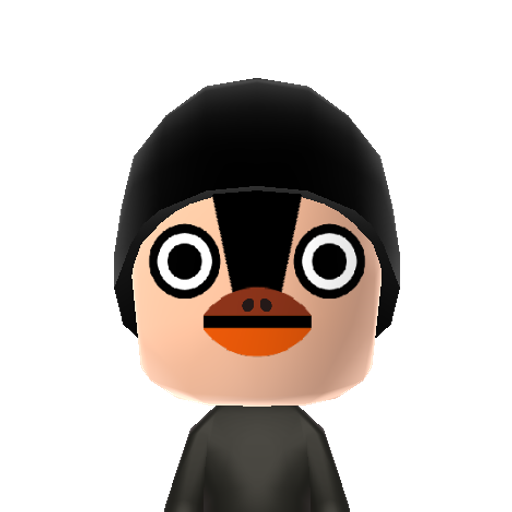Penguin Mii character: A large flightless seabird of the southern hemisphere, with black upper parts and white underparts and wings developed into flippers for swimming under water.