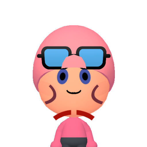 Kirby Mii character: Kirby, from the eponymous video game series developed by HAL Laboratory and published by Nintendo. He is wearing a helmet similar to the one in Kirby: Planet Robobot, or Mario Kart 8's Kirby amiibo Mii Racing Costume.