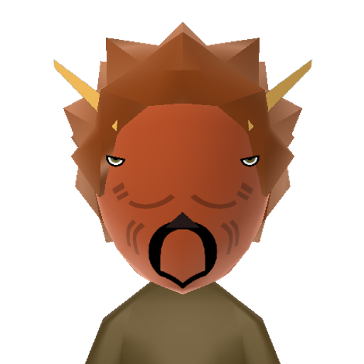 Tricertops Mii character: A dinosaur with three horns on its head.