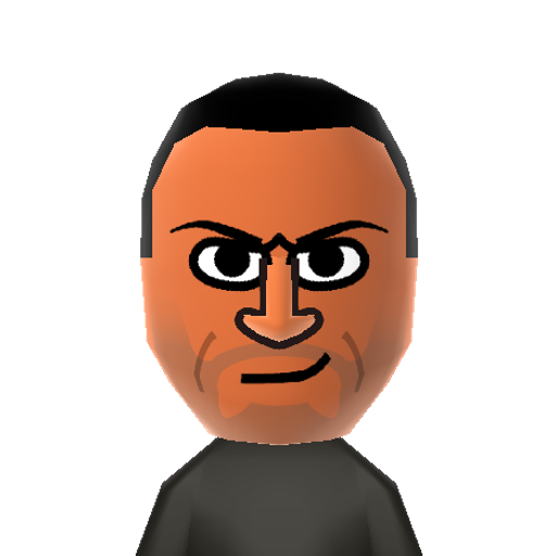 The Rock Mii character: WWE wrestler & movie star known as The Rock.