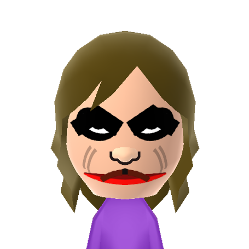 The Joker Mii character: The infamous supervillain from Batman as he appears in the 2008 movie The Dark Knight, portrayed by Heath Ledger.
