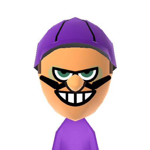 Waluigi Mii character: This is a Mii uploaded for the 3DS version and distributed by Mii Central for both the 3DS and Switch versions of Miitopia.