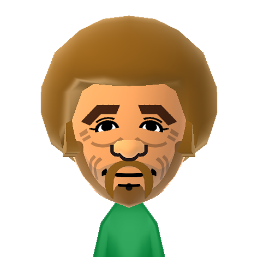 Bob Ross Mii character: This is a Mii uploaded for the 3DS version and distributed by Mii Central for both the 3DS and Switch versions of Miitopia.