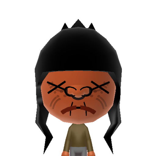 shrunkhead Mii character: For Halloween! The mummified remains of a tourist who strayed too far into the territory of a primitive tribe ... BOO!!!
